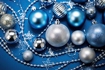 A bunch of blue and silver christmas ornaments