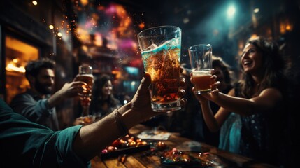 Naklejka premium People celebrating new year eve in city center with sparklers and firework