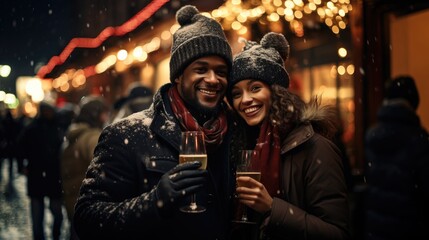 Fototapeta premium People celebrating new year eve in city center with sparklers and firework