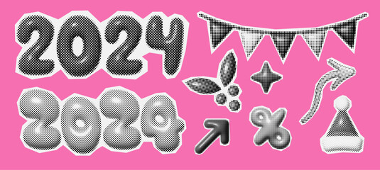 Christmas and New Year trendy halftone icons, collage of vintage 90s style of paper magazine clippings. Composed of big amount of circles.