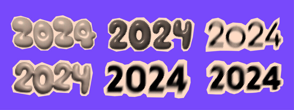 2024 new year trendy halftone icons, collage of vintage 90s style of paper magazine clippings.