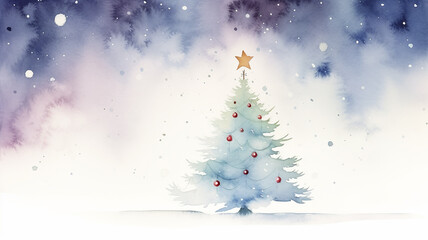 Obraz premium watercolor illustration decorated Christmas tree on a light white background, delicate empty blank for greeting text postcard soft color