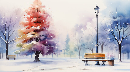 christmas park, light white background park bench, watercolor illustration, abstract holiday background