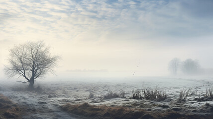 landscape fog in the autumn field, morning light