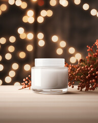 Obraz na płótnie Canvas Mock up of glass skincare jar. Isolated in Scandinavian interior background with branches and lights. Beauty product packaging. Product photography. Holiday, winter celebration.