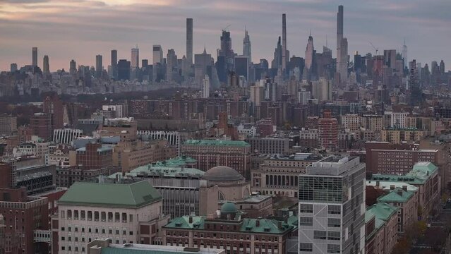 Drone footage of the campus of Columbia University on an overcast morning