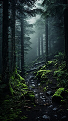 Obraz premium foggy landscape in a coniferous forest, gloomy autumn view twilight cold evening in a mountain forest, vertical panorama of tall trees