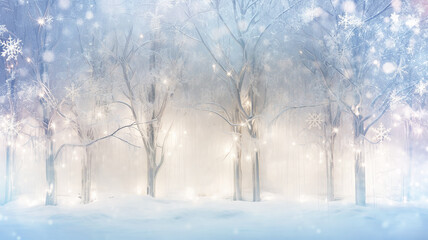 blurry Christmas background, a winter forest in a snowfall, snow-covered trees decorated with small glowing lights, a fairytale landscape