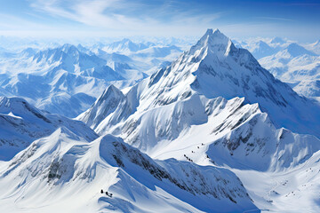 A mountain range covered in snow under a blue sky created with generative AI technology