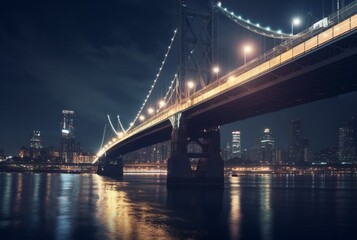Fototapeta na wymiar bridge over river in urban area with view of city lights. generative ai