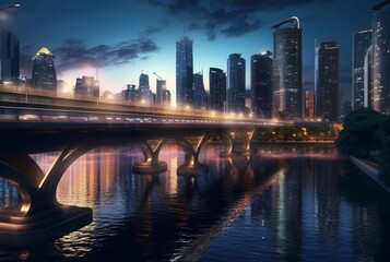 bridge over river in urban area with view of city lights. generative ai