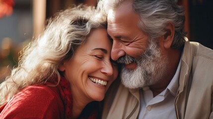 couple senior family smile and happy activity together, cuddling, warm hugs, senior or adult love, married couple, warm family. Husband and wife in love so fun in important days, celebrating - obrazy, fototapety, plakaty