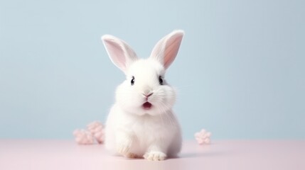 Obraz premium cute animal pet rabbit or bunny white color smiling and laughing isolated with copy space for easter background, rabbit, animal, pet, cute, fur, ear, mammal, background, celebration, generate by AI