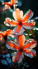 Dewy flower petals in sunlight capture the vibrant orange blooms adorned with raindrops, reflecting the glow of a gentle morning.