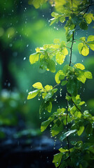 Fototapeta premium Wet springtime scenery as rain showers cascade over vibrant young leaves, capturing the lushness of the season.