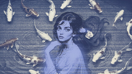 glicthy canvas girl and the koi, blue mood