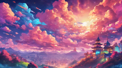 Adorable Sky Full of Cotton Clouds. Anime Style. Sunset. - obrazy, fototapety, plakaty
