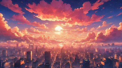 Fototapeta na wymiar Adorable Sky Full of Cotton Clouds. Anime Style. Sunset.