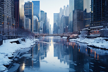 A river running through a snow covered city created with generative AI technology