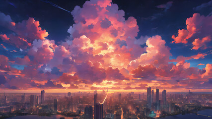 Adorable Sky Full of Cotton Clouds. Anime Style. Sunset.