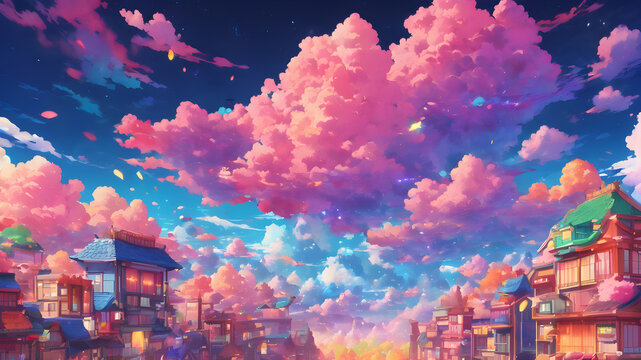 Adorable Sky Full of Cotton Clouds. Anime Style. Sunset.