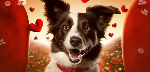A Border Collie donning a stylish red suit, holding a heart-shaped sign amidst a garden adorned with Valentine's Day-themed ornaments against a solid yellow background.