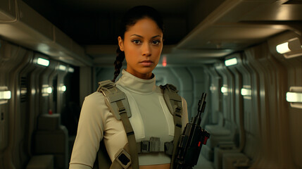 mujer en una nave espacial escena de pelicula