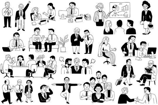 Senior, elderly, or old business people in various activities and actions. Cute character illustration design, black and white ink style. Outline, thin line art, hand drawn sketch. 