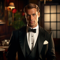 hombre atractivo con smoking  negro y pajarita