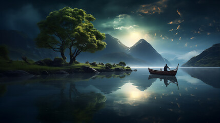 Naklejka premium beautiful lake landscape in the night with full moon and mountain in the background, calm water, reflection, fisherman with lantern