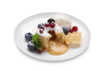 Tasty vanilla fondant with white chocolate, berries and ice cream isolated on white
