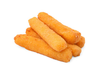 Pile of tasty fried mozzarella sticks isolated on white