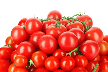 Many fresh ripe cherry tomatoes with water drops isolated on white