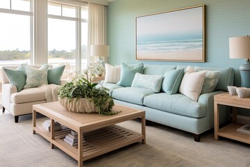 Fototapeta premium Optimal Coastal Design: Embracing Soothing Ocean Colors in a Coastal Living Room