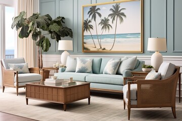 Coastal Living: Ocean Colored Delight in a Serene Coastal Living Room