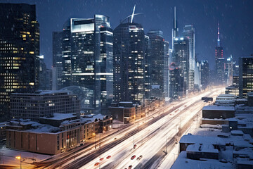 Fototapeta na wymiar A city skyline covered in snow at night