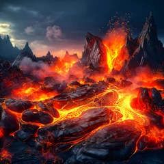 Fototapeten A heartbroken volcano reveals its tormented soul, spewing fiery despair into the abyss © Noctis