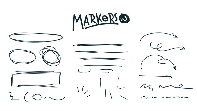 Hand drawn marker strokes. Yellow marker stroke lines, markers stripes and highlight elements, permanent marker signs vector illustration set as check marks, heart, arrow with various direction