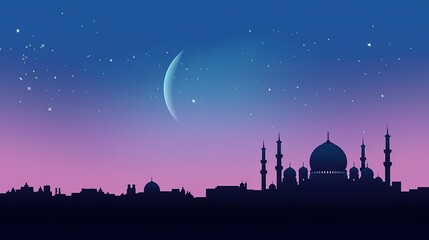 Silhouettes of Mosque dome and crescent moon in the background, symbol of Islamic religion and empty space for text. Generative AI