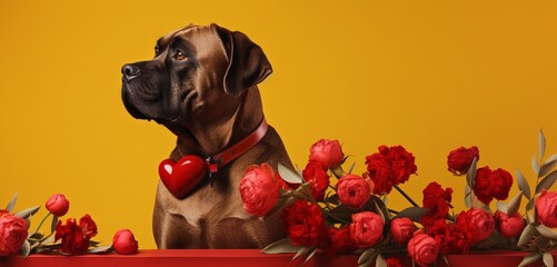 A Mastiff adorned with a red cape, standing beside heart-shaped floral arrangements against a solid yellow background, capturing the spirit of Valentine's Day.