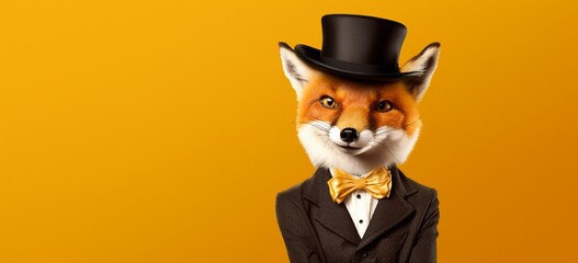 A mischievous fox wearing a bowler hat, holding a sign that says Foxy Lady on a solid yellow background. - obrazy, fototapety, plakaty