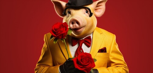 A pig in a red suit holding a heart-shaped bouquet of flowers against a solid yellow background.