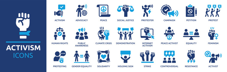 Activism icon set. Containing protest, activist, demonstration, strike, advocacy, petition, human rights. Solid vector icons collection.