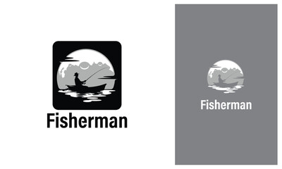 Silhouette Fisherman logo vector with moon background for your community