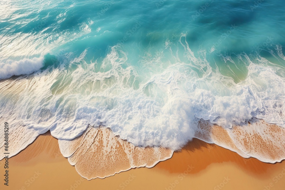 Poster aerial view of waves crashing on tropical beach generative ai