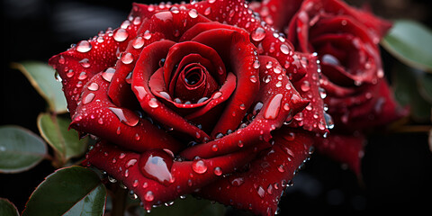 Red roses with water drops on the petals red roses with water drops on the petals Top view beautiful roses close upas Generative - obrazy, fototapety, plakaty