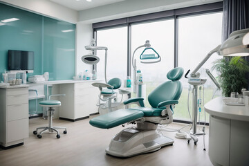 Dental chair in a hospital, Modern Dental Clinic, Dentist chair and other accessories used by dentists in medical light and clean art