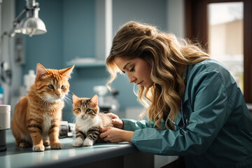 Veterinarian with cat, Vet examining cat, Kitten at veterinarian doctor, Animal clinic, Pet check up and vaccination - obrazy, fototapety, plakaty