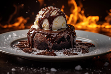 A decadent chocolate lava cake oozing with rich molten ganache, served with a scoop of vanilla ice...