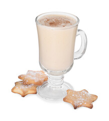 Delicious eggnog with cinnamon and cookies isolated on white